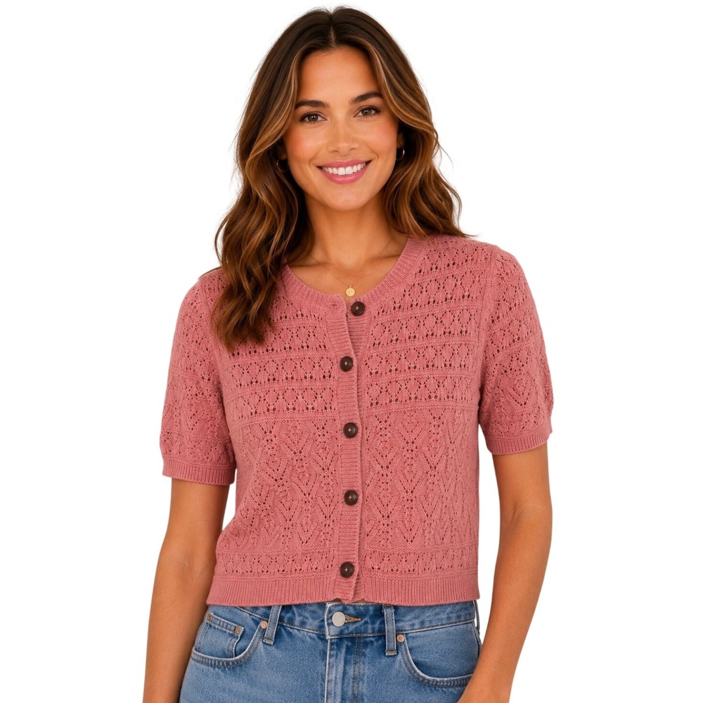 Boden Womens Pointelle Knit Short Sleeve Cardigan Sweater Pink K0786 Medium